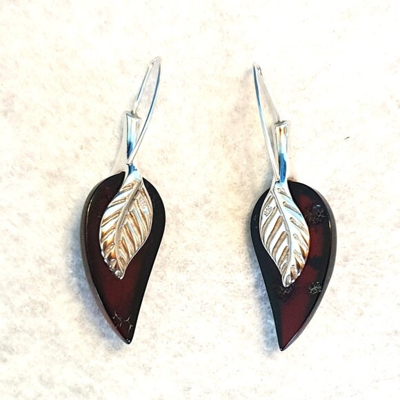 2’’ Elegant Vintage 1980s Cherry Baltic Amber & Sterling Silver Leaf Earrings - Picture 3 of 12